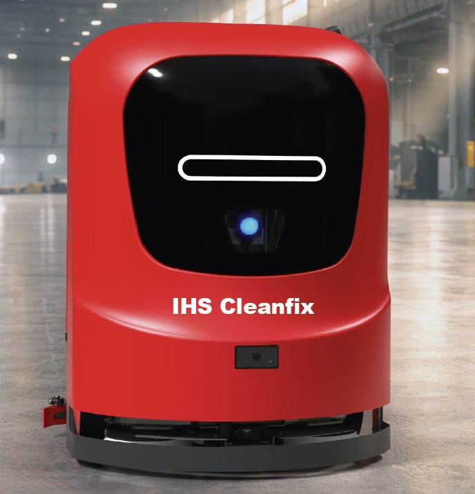 Red autonomous floor-cleaning robot labeled 'IHS Cleanfix' standing on a warehouse floor, blue sensor light glowing in front.